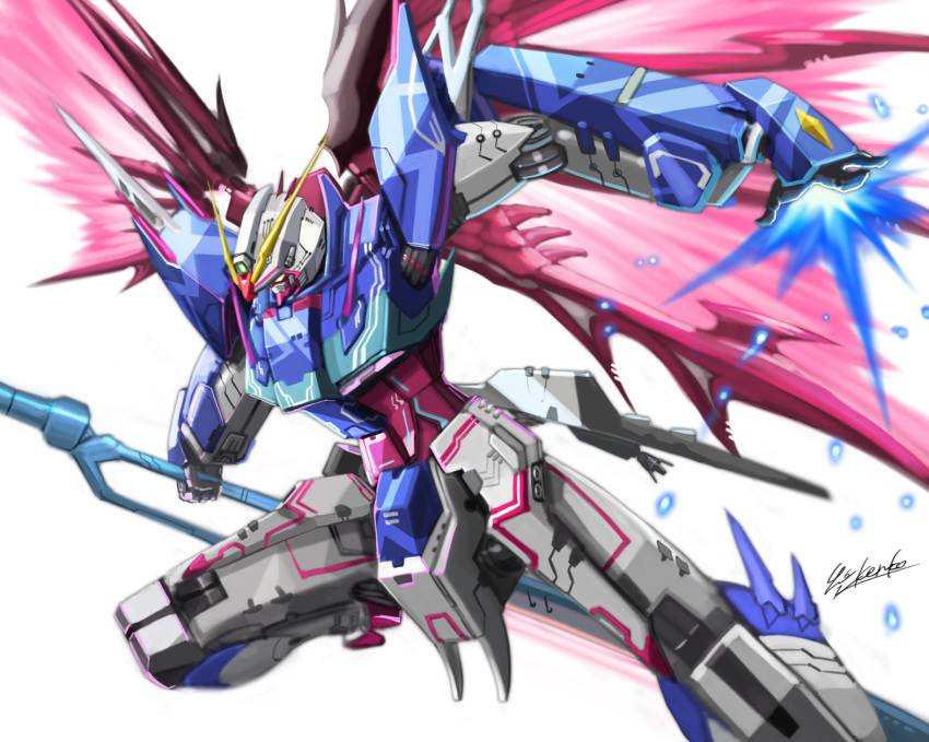 destiny_gundam energy_wings from_side glowing glowing_hand green_eyes gundam gundam_seed gundam_seed_destiny highres holding holding_sword holding_weapon kenko_(a143016) looking_down mecha mechanical_wings open_hand redesign solo sword weapon white_background wings