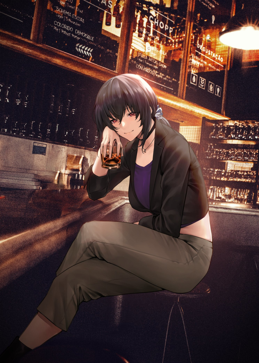 1girl alcohol arm_support bangs bar bar_stool beer black_hair black_jacket blazer blindfold bottle brown_eyes capri_pants choker closed_mouth crossed_legs cup green_pants hair_between_eyes hand_on_own_cheek highres holding holding_cup indoors jacket jewelry looking_at_viewer low_tied_hair midriff mugetsu2501 necklace open_blazer open_clothes open_jacket original pants purple_shirt scrunchie shirt sidelocks sitting smile stool