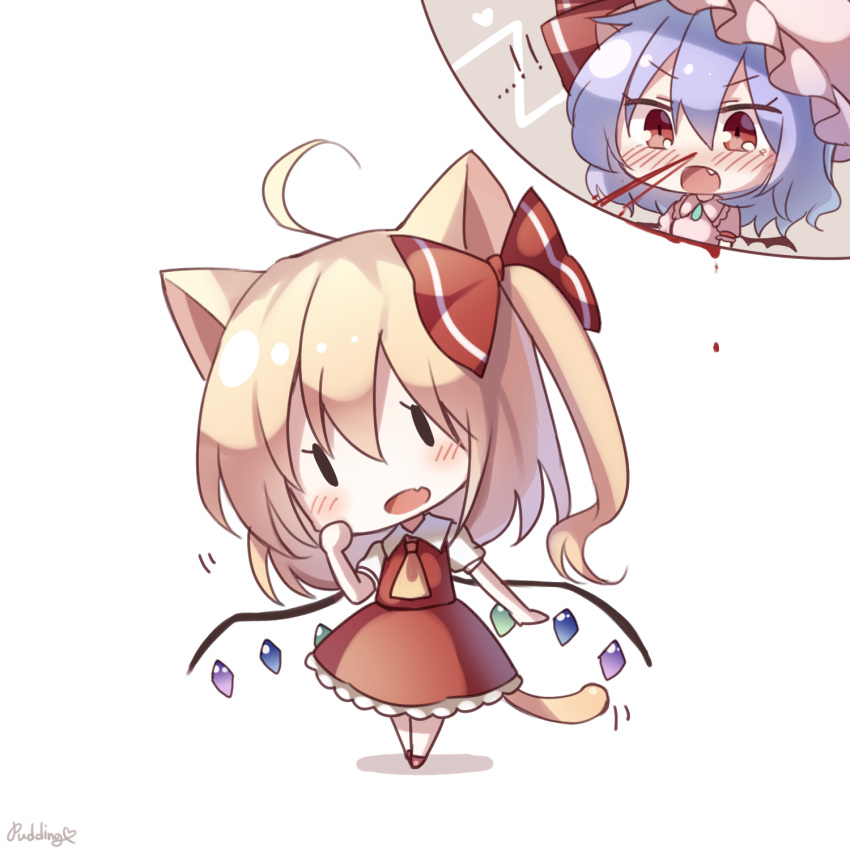 ! 2girls animal_ears artist_name bat_wings blonde_hair blood blush bow cat_ears cat_tail collared_shirt crystal dress eyebrows_visible_through_hair fang flandre_scarlet frilled_dress frills hair_between_eyes hair_bow hat heart highres looking_at_another looking_at_viewer messy_hair multiple_girls nosebleed open_mouth pink_dress pink_headwear pudding_(skymint_028) purple_hair red_bow red_dress red_eyes red_footwear remilia_scarlet shirt short_sleeves side_ponytail signature simple_background tail touhou white_background white_frills white_shirt wings yellow_neckwear yellow_tail