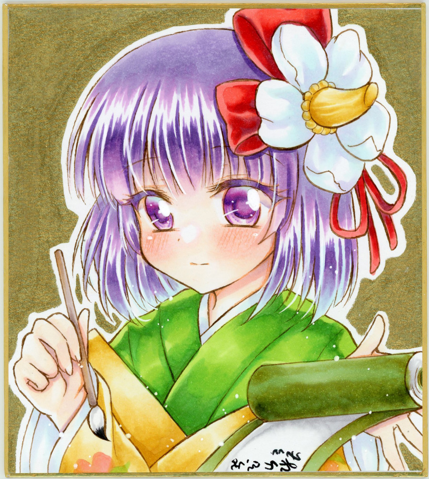 1girl blush commentary_request eyebrows_visible_through_hair flower graphite_(medium) green_kimono hair_between_eyes hair_flower hair_ornament hieda_no_akyuu highres holding_brush holding_scroll japanese_clothes kimono looking_at_viewer marker_(medium) nekofish666 portrait purple_hair short_hair solo touhou traditional_media violet_eyes white_flower
