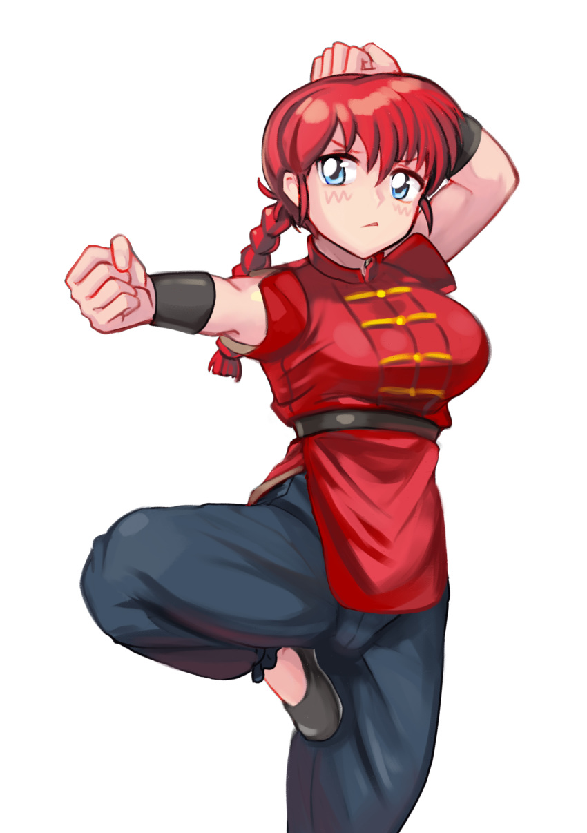 1girl absurdres belt blue_eyes bracer braid breasts chinese_clothes clenched_hands fighting_stance flats genderswap genderswap_(mtf) ghgnvm highres kung_fu long_braid medium_breasts pants ranma-chan ranma_1/2 redhead saotome_ranma single_braid solo standing standing_on_one_leg tangzhuang white_background