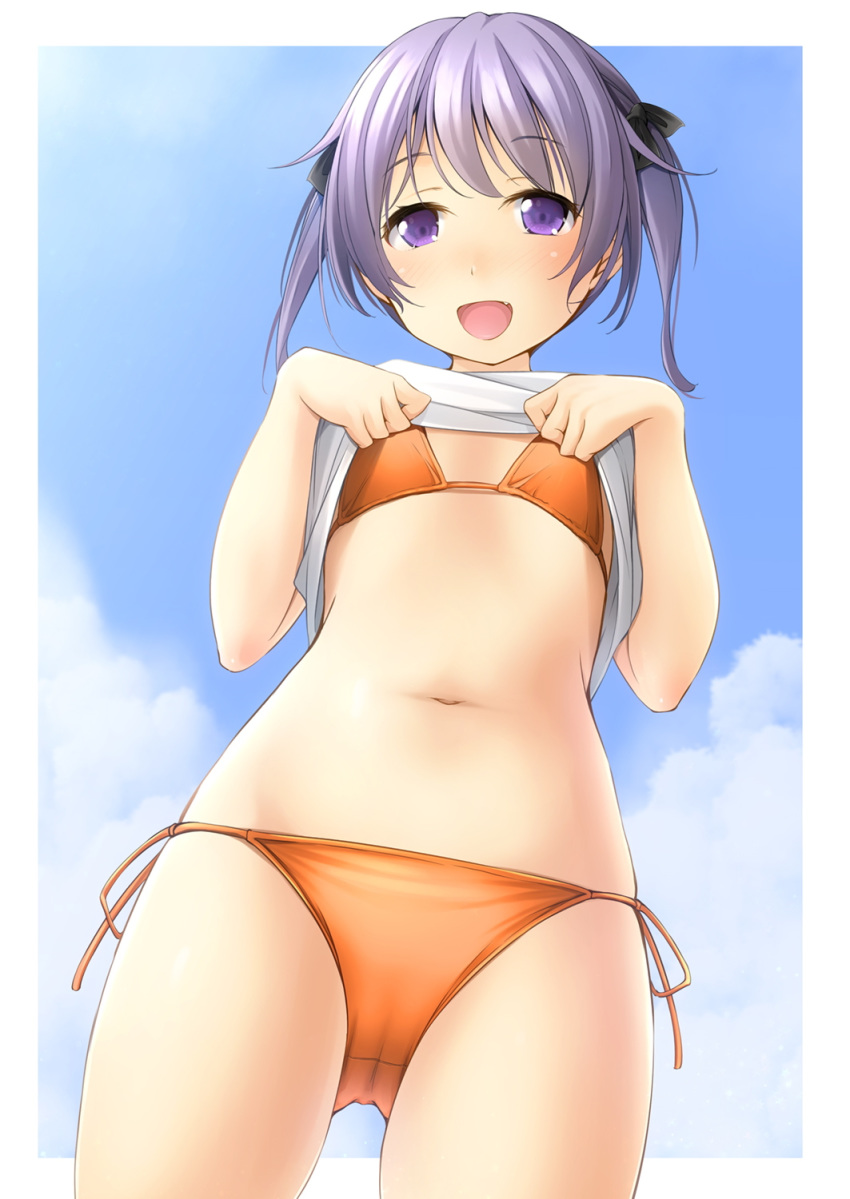 1girl :d ass_visible_through_thighs bangs bikini blue_sky blush bow clouds cowboy_shot crotch_seam eyebrows_visible_through_hair fang flat_chest hair_bow hands_up highres lifted_by_self looking_at_viewer navel open_mouth orange_bikini original outside_border purple_hair shibacha shirt shirt_lift short_hair short_sleeves side-tie_bikini sky smile solo standing string_bikini swimsuit thigh_gap two_side_up violet_eyes
