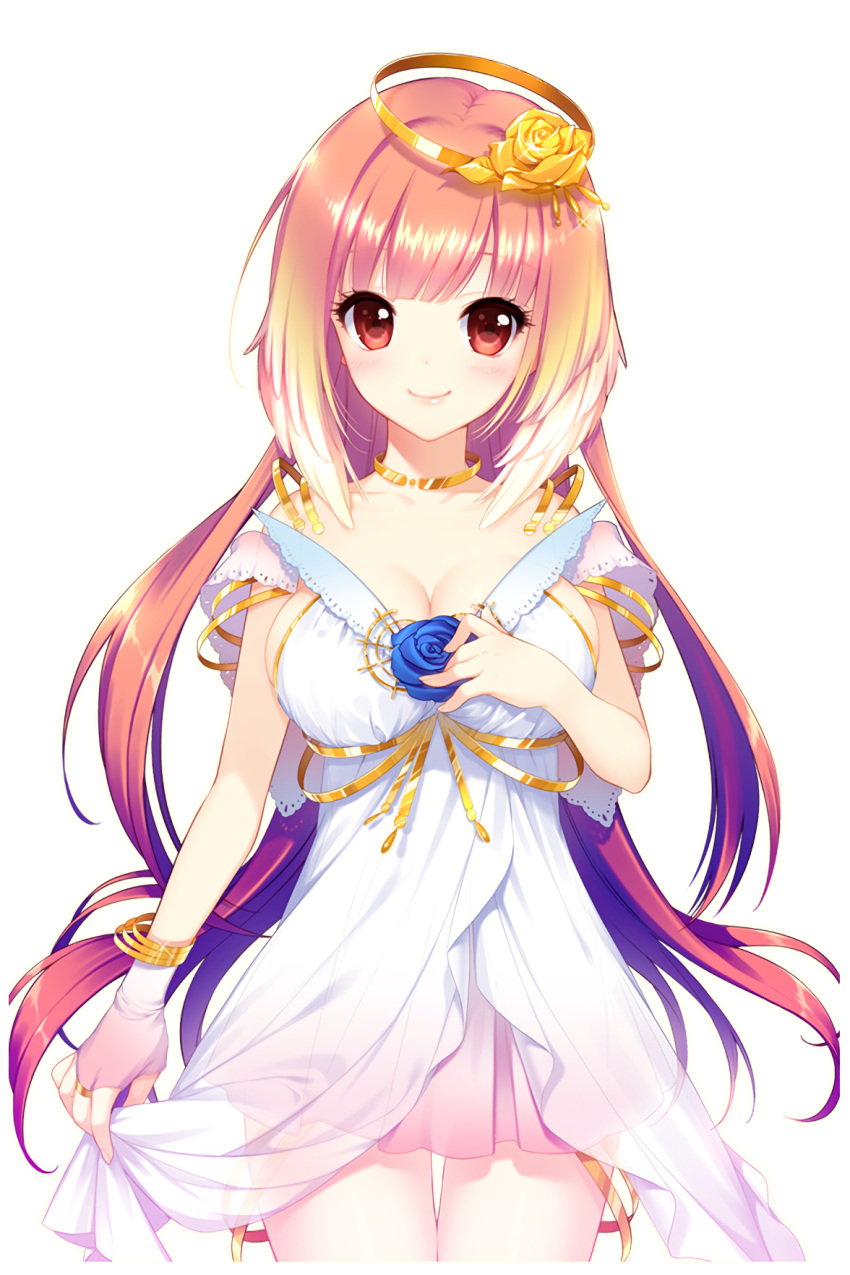 1girl blue_flower blue_rose breasts dress flower golden_rose hair_ornament highres holding holding_dress long_hair looking_at_viewer medium_breasts official_art pink_hair red_eyes rose selena_(soccer_spirits) shirahane_nao smile soccer_spirits white_dress