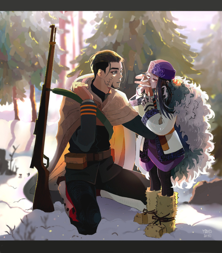 1boy 1girl ainu ainu_clothes arisaka arm_up artist_name asirpa bandana beard belt belt_buckle black_eyes black_hair black_legwear blue_bandana blush bolt_action brown_belt buckle cape closed_eyes commentary commission facial_hair facial_scar forest full_body fur_cape gaiters golden_kamuy gun hair_slicked_back hand_kiss highres holding_hands hood hood_down kiss light long_hair long_sleeves looking_at_another mardamo military military_uniform nature ogata_hyakunosuke open_mouth outdoors pouch rifle scar scar_on_cheek sitting standing surprised thick_eyebrows tree uniform weapon