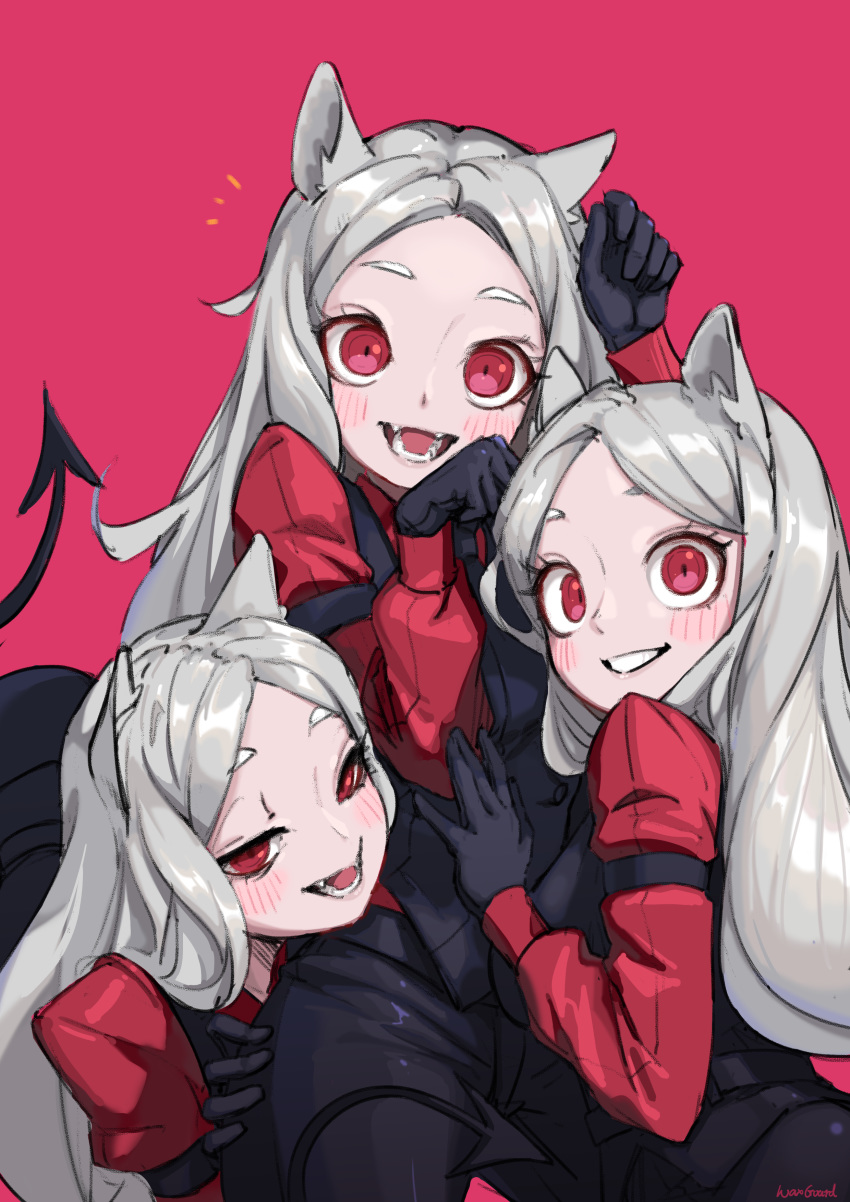 3girls absurdres animal_ears black_gloves black_pants black_suit black_tail black_vest blush cerberus_(helltaker) demon_girl demon_tail dog_ears dog_girl gloves grey_hair hands_up helltaker highres long_hair long_sleeves looking_at_viewer matching_outfit multiple_girls open_mouth pants red_background red_eyes red_shirt shirt simple_background smile tail triplets vest waxgroud