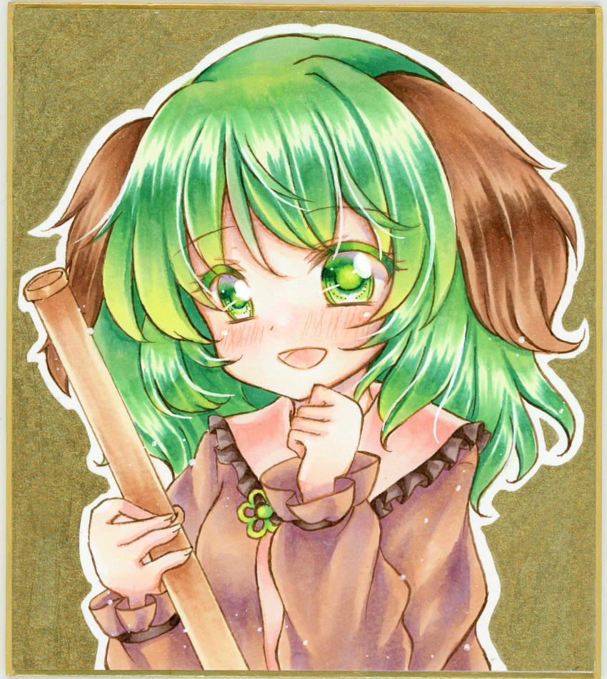 1girl animal_ears bangs blush broom brown_shirt commentary_request dog_ears eyebrows_visible_through_hair graphite_(medium) green_eyes green_hair hair_between_eyes highres holding holding_broom kasodani_kyouko long_hair long_sleeves looking_at_viewer marker_(medium) nekofish666 open_mouth portrait shirt sidelocks solo touhou traditional_media