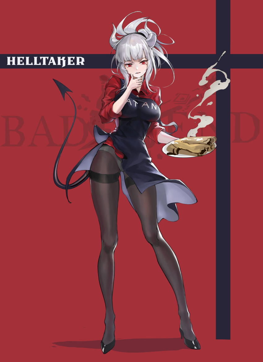 1girl apron bangs black_apron black_footwear black_tail blunt_bangs breasts chocolate copyright_name demon_girl demon_horns demon_tail english_text food food_on_face full_body guernical helltaker high_heels highres horns large_breasts legs long_legs lucifer_(helltaker) mole mole_under_mouth no_pants pancake panties panties_under_pantyhose pantyhose pantyshot red_background red_eyes red_shirt shirt side_slit silver_hair sleeves_pushed_up solo tail thighband_pantyhose underwear white_horns