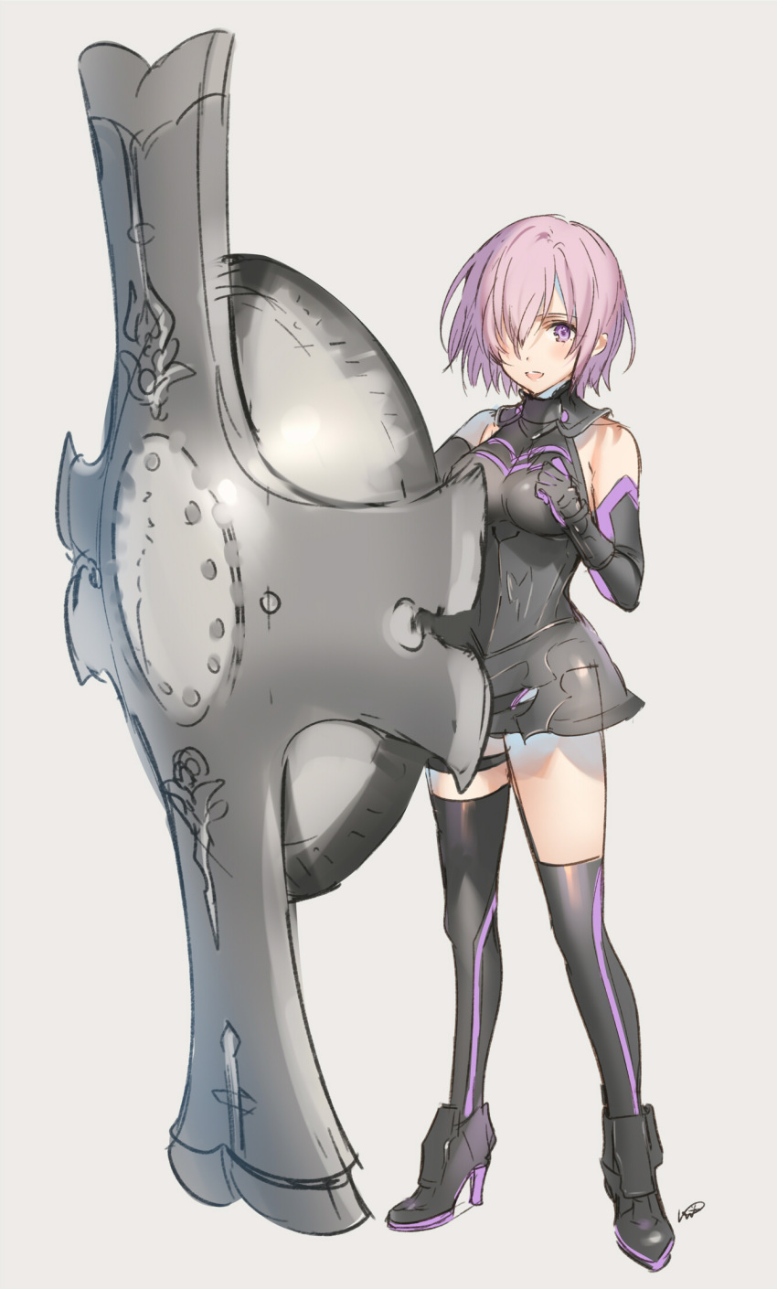 1girl armor armored_dress black_footwear blush breasts elbow_gloves fate_(series) full_body gloves grey_background hair_over_one_eye high_heels highres kippu lavender_hair looking_at_viewer mash_kyrielight medium_breasts mismatched_legwear open_mouth ortenaus shield short_hair simple_background solo standing violet_eyes