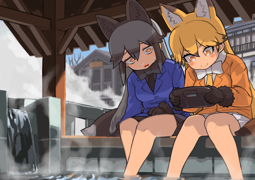 animal_ears blonde_hair blush_stickers bow bowtie eyebrows_visible_through_hair ezo_red_fox_(kemono_friends) foot_bath gloves grey_hair handheld_game_console highres kemono_friends multicolored_hair necktie playing_games pleated_skirt rinx sega_game_gear silver_fox_(kemono_friends) skirt smile steam tail tsurime two-tone_hair