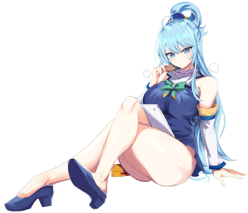 1girl absurdres aqua_(konosuba) aqua_eyes aqua_hair bangs bare_legs bare_shoulders blue_footwear blue_shirt blue_skirt bow bowtie box breasts crossed_legs detached_sleeves eating eyebrows_visible_through_hair food hair_ornament hair_rings hanasaki_houcha high_heels highres holding holding_cookie holding_food kono_subarashii_sekai_ni_shukufuku_wo! large_breasts long_hair long_sleeves looking_at_viewer miniskirt pleated_skirt shirt simple_background sitting skirt solo tablet_pc thick_thighs thighs white_background