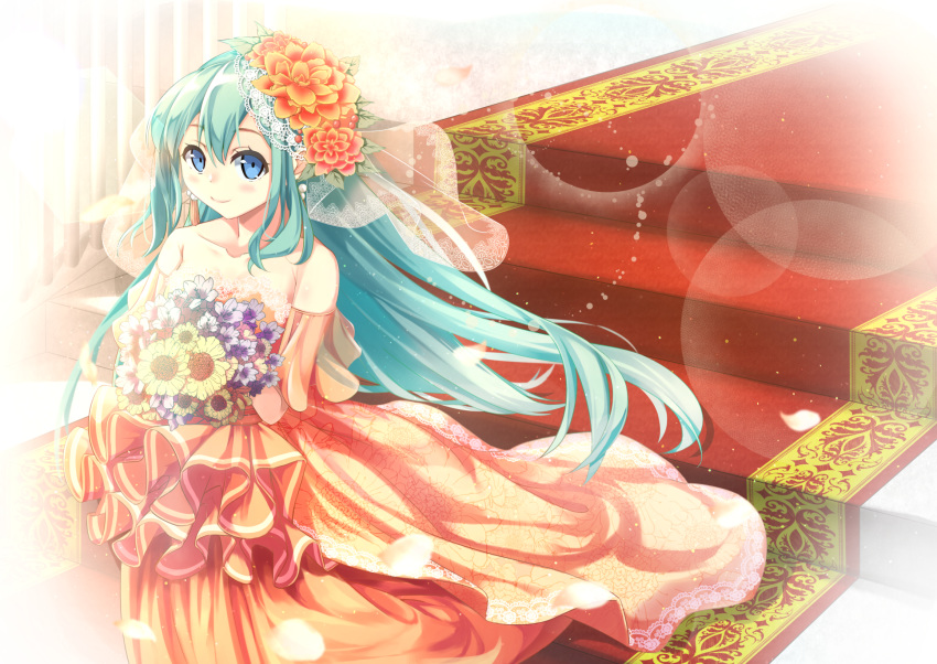 1girl alice_carroll alternate_costume aria bananatsukis bare_shoulders blue_eyes blush bouquet closed_mouth collarbone dress earrings floral_print flower full_body green_hair hair_flower hair_ornament highres holding holding_bouquet jewelry light_smile long_hair looking_at_viewer orange_dress pleated_dress raised_eyebrows smile solo stairs strapless strapless_dress veil