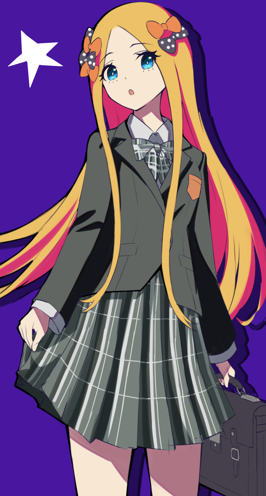 1girl abigail_williams_(fate/grand_order) absurdres bangs black_bow black_jacket blonde_hair blue_eyes bow bowtie breasts briefcase fate/grand_order fate_(series) forehead grey_neckwear grey_skirt hair_bow highres jacket long_hair multiple_bows open_clothes open_jacket open_mouth orange_bow parted_bangs polka_dot polka_dot_bow purple_background school_uniform skirt small_breasts star_(symbol) thighs wang_man