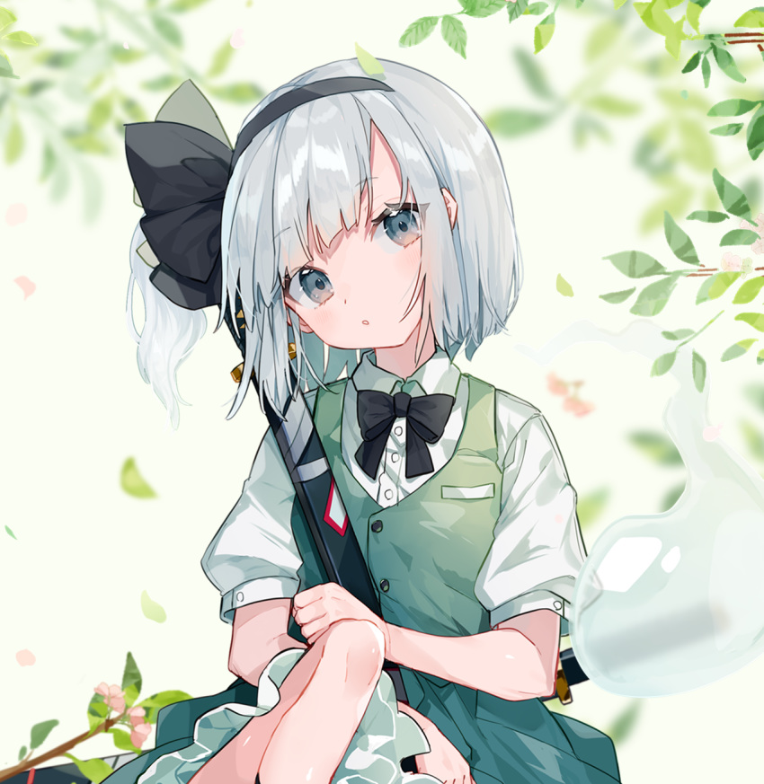 1girl ascot bangs black_ascot black_bow black_hairband black_ribbon blue_eyes blunt_bangs bob_cut bow bowtie collared_shirt eyebrows_visible_through_hair ghost green_skirt green_vest hair_ribbon hairband highres hitodama holding holding_weapon katana konpaku_youmu leaf mokyuko ribbon sheath sheathed shirt short_hair short_sleeves silver_hair skirt skirt_set sword touhou tree vest weapon white_shirt