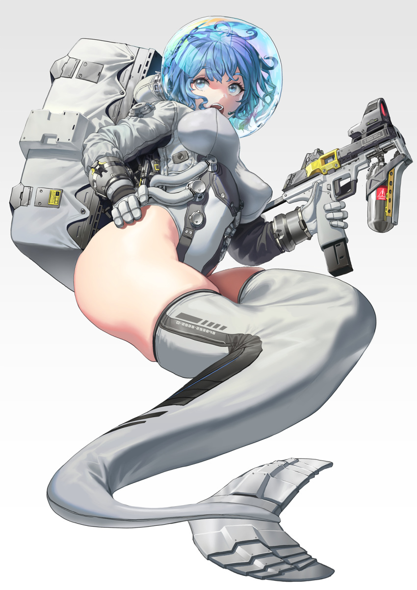 1girl backpack bag bangs blue_eyes blue_hair box breasts bubble clothes_writing covered_nipples diving_suit full_body glass gloves gradient gradient_background grey_background grey_gloves grey_swimsuit gun hand_on_hip helmet highres holding holding_gun holding_weapon ihobus large_breasts long_sleeves looking_away mermaid mermaid_costume monster_girl one-piece_swimsuit open_mouth original partially_submerged short_hair skindentation solo swimsuit teeth trigger_discipline tube upper_teeth water weapon