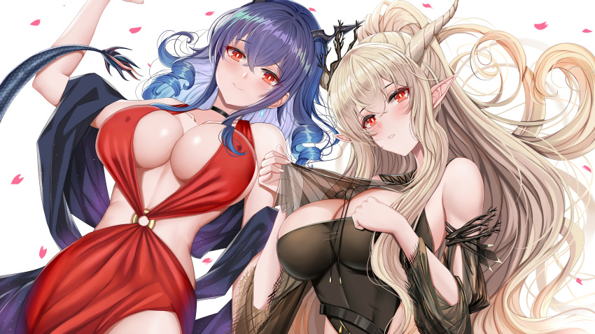 2girls absurdres arknights bangs bare_shoulders belt black_cloak black_swimsuit blue_hair blush breasts ch'en_(arknights) cloak closed_mouth collarbone detached_sleeves double_bun dragon_horns dragon_tail dress eyebrows_visible_through_hair fingernails hair_between_eyes high_ponytail highres holding horns jewelry large_breasts light_brown_hair long_fingernails long_hair long_sleeves looking_at_viewer lying multiple_girls nail_polish o-ring_dress on_back one-piece_swimsuit oni_horn paid_reward patreon_reward piukute062 pointy_ears red_dress red_eyes shining_(arknights) short_hair sideboob sidelocks simple_background skindentation sleeveless sleeveless_dress smile swimsuit tail thigh_strap under_boob very_long_hair wavy_hair white_background white_nails