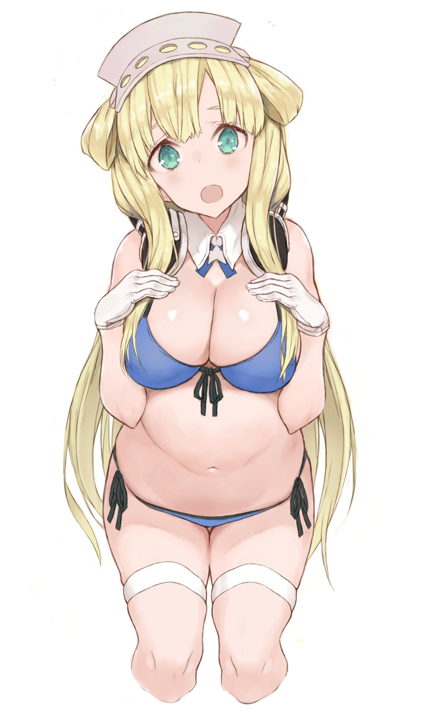 1girl absurdres bikini blonde_hair blue_bikini blush breasts character_request copyright_request front-tie_top gloves goekawa green_eyes hands_on_own_chest highres looking_at_viewer navel open_mouth solo swimsuit thigh-highs thighs white_background white_gloves