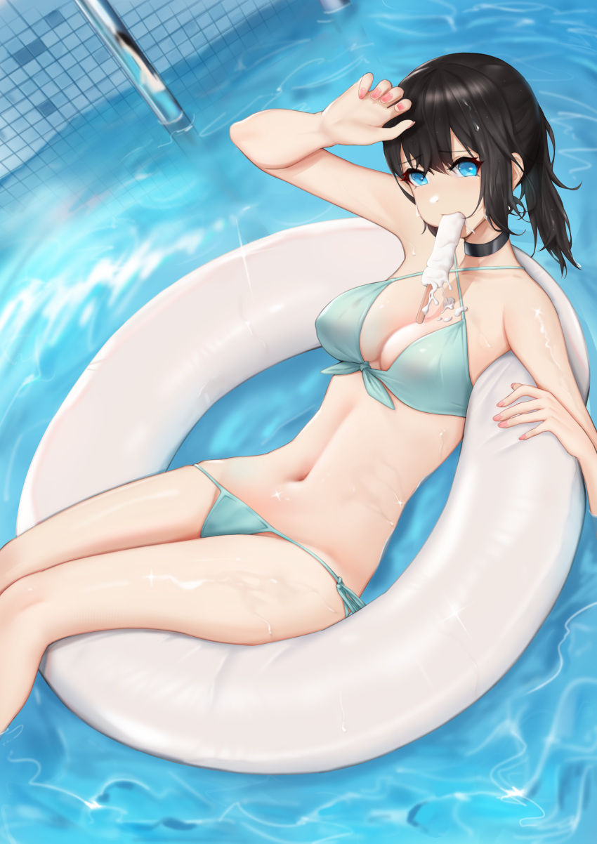 1girl absurdres afloat aqua_bikini arm_up bangs bbdaoa_(1446759744) bikini black_hair blue_eyes breasts choker day dripping dutch_angle eyebrows_visible_through_hair fingernails food food_in_mouth from_above front-tie_bikini front-tie_top highres innertube legs_together looking_at_viewer lowleg lowleg_bikini lying medium_breasts melting mouth_hold navel on_back original outdoors pink_nails pool pool_ladder popsicle shiny shiny_skin side-tie_bikini solo sparkle string_bikini suggestive_fluid swimsuit water wet wet_hair