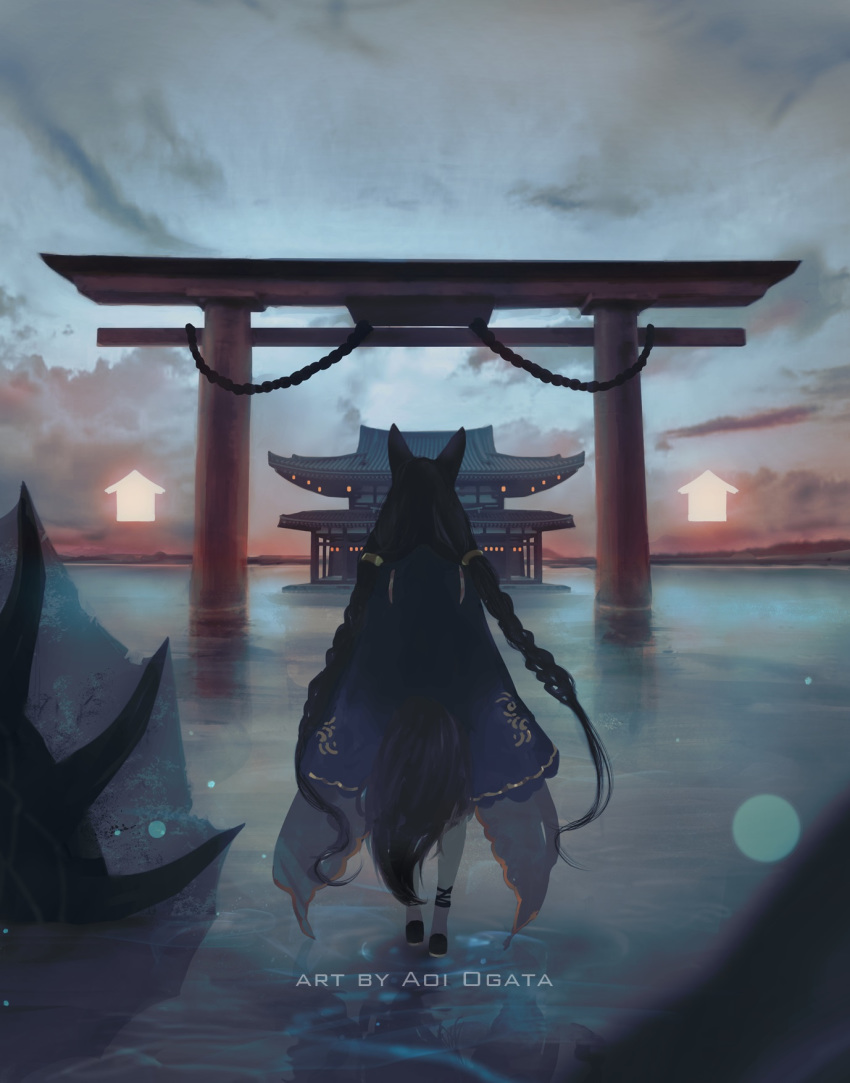 1girl animal_ears aoi_ogata architecture artist_name black_footwear black_hair blue_dress blurry blurry_foreground braid clip_studio_paint_(medium) clouds cloudy_sky commentary commission depth_of_field dress east_asian_architecture english_commentary facing_away highres long_hair low_twintails original outdoors pagoda reflection ripples shoes sky solo sunrise tail torii twin_braids twintails very_long_hair walking water
