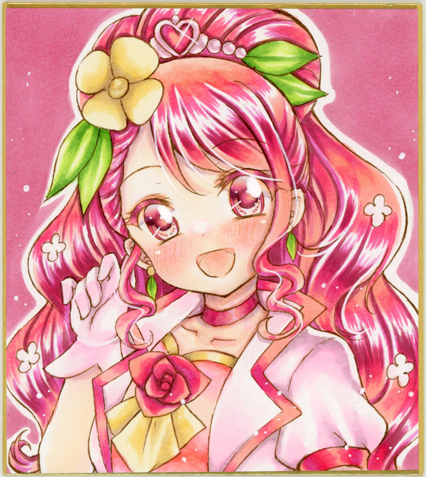 1girl bangs blush collar commentary_request cure_grace dress eyebrows_visible_through_hair flower gloves graphite_(medium) hair_flower hair_ornament healin'_good_precure highres long_hair looking_at_viewer marker_(medium) nekofish666 open_mouth pink_dress pink_gloves pink_hair pink_neckwear portrait precure red_eyes shiny shiny_hair short_sleeves solo swept_bangs tiara traditional_media