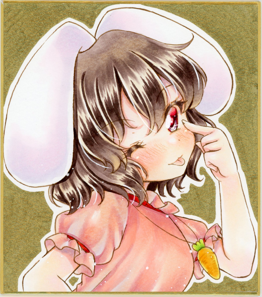 1girl animal_ears bangs black_hair blush bunny_girl carrot_necklace commentary_request eyebrows_visible_through_hair graphite_(medium) hair_between_eyes highres inaba_tewi looking_at_viewer looking_to_the_side marker_(medium) nekofish666 one_eye_closed pink_shirt pointing pointing_at_self portrait rabbit_ears red_eyes shirt short_hair short_sleeves solo tongue tongue_out touhou traditional_media