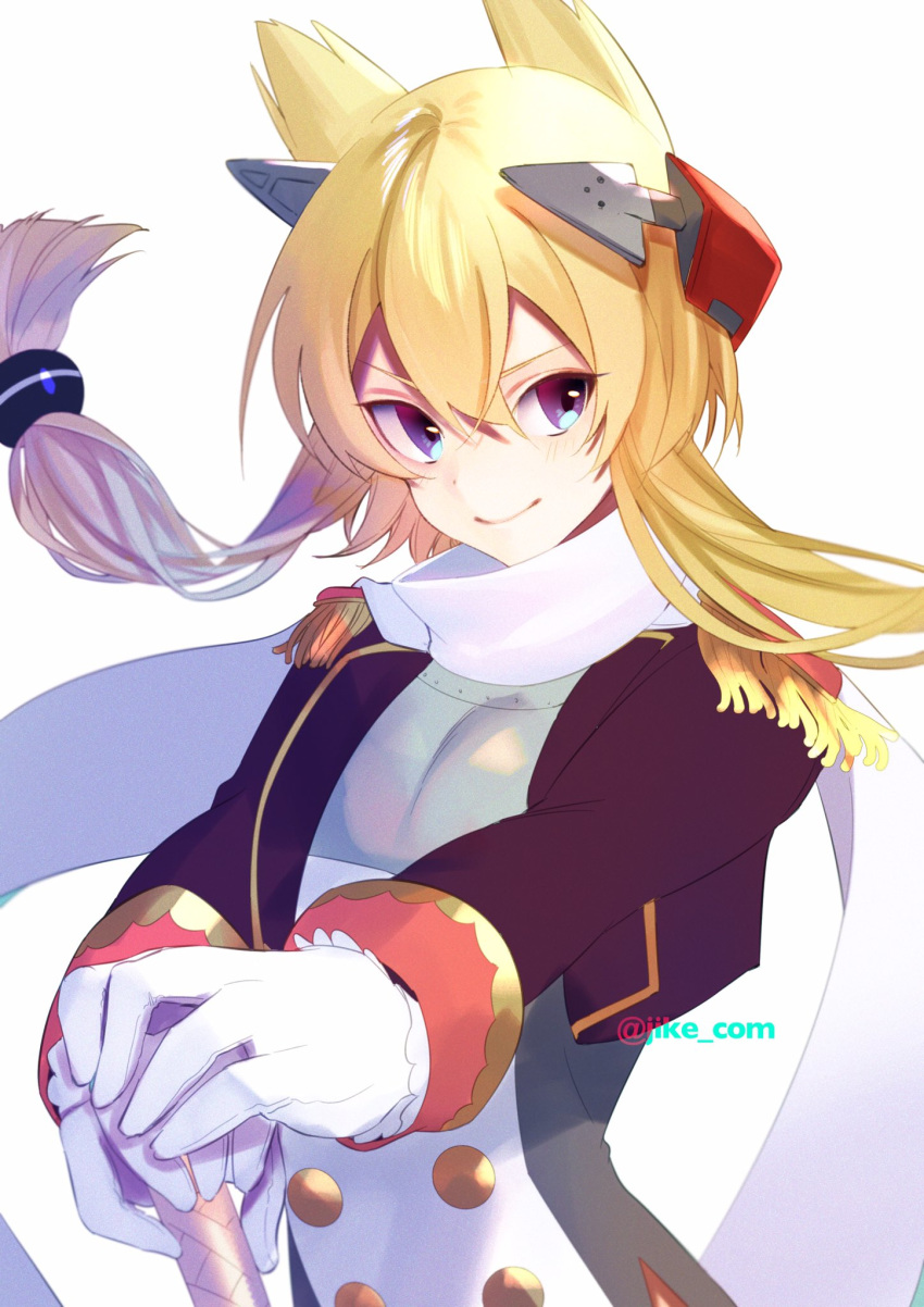1girl animal_ears azur_lane black_jacket blonde_hair blue_eyes breasts closed_mouth commentary cropped_jacket double-breasted epaulettes floating_hair gloves hair_between_eyes hand_on_hilt headpiece highres hitsujike_(hamsterhouse) jacket long_hair looking_at_viewer military military_uniform scarf simple_background small_breasts smile solo sword twintails twitter_username uniform upper_body warspite_(azur_lane) weapon white_background white_gloves white_scarf