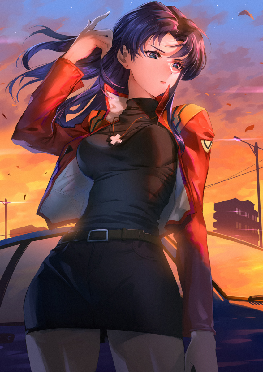 1girl arm_at_side bangs belt black_shirt black_skirt blue_eyes breasts building car closed_mouth clouds cowboy_shot cropped_jacket cross cross_necklace earrings floating_hair frown ground_vehicle hand_up highres jacket jewelry katsuragi_misato lamppost leaf lipstick long_hair long_sleeves looking_away looking_to_the_side makeup medium_breasts mhk_(mechamania) miniskirt motor_vehicle necklace neon_genesis_evangelion open_clothes open_jacket outdoors pencil_skirt power_lines purple_hair red_jacket shirt skirt skirt_set sky solo star_(sky) stud_earrings sunset turtleneck twilight wind