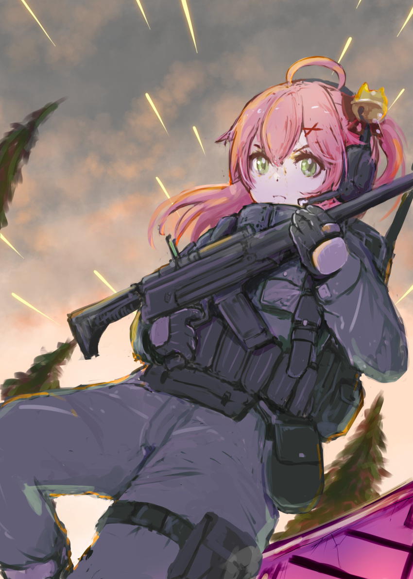 1girl absurdres ahoge alternate_costume bell call_of_duty:_modern_warfare_2 finger_on_trigger gloves green_eyes gun hair_bell hair_ornament hairclip headphones highres holding holding_gun holding_weapon hololive long_hair looking_at_viewer outdoors pink_hair radicalfool sakura_miko solo thigh_pouch tree utility_vest virtual_youtuber weapon x_hair_ornament