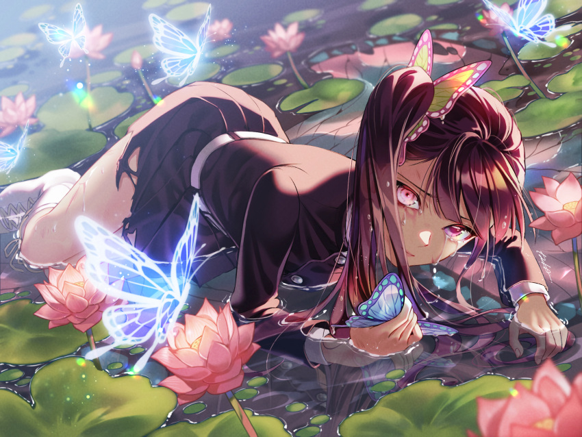 1girl angry asymmetrical_eyes bangs belt blue_butterfly borrowed_garments breasts bug butterfly butterfly_hair_ornament commentary_request crying crying_with_eyes_open dutch_angle flower glowing glowing_butterfly glowing_eyes hair_ornament hair_ornament_removed haori highres holly_hair_ornament insect iria_(yumeirokingyo) japanese_clothes kimetsu_no_yaiba kneehighs leaf long_hair long_sleeves looking_at_viewer lying on_side partially_submerged pink_flower pleated_skirt pond purple_hair sad shoes side_ponytail skirt sneakers solo tears torn_clothes torn_skirt transparent_butterfly tsuyuri_kanao violet_eyes wet white_footwear white_legwear