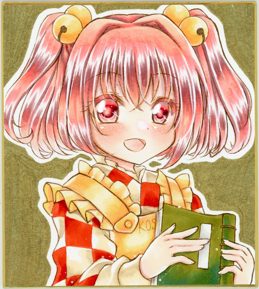 1girl apron bell blush book checkered checkered_shirt commentary_request eyebrows_visible_through_hair graphite_(medium) hair_bell hair_between_eyes hair_ornament highres holding holding_book jingle_bell long_sleeves looking_at_viewer marker_(medium) motoori_kosuzu nekofish666 open_mouth red_eyes redhead shirt short_hair solo touhou traditional_media two_side_up