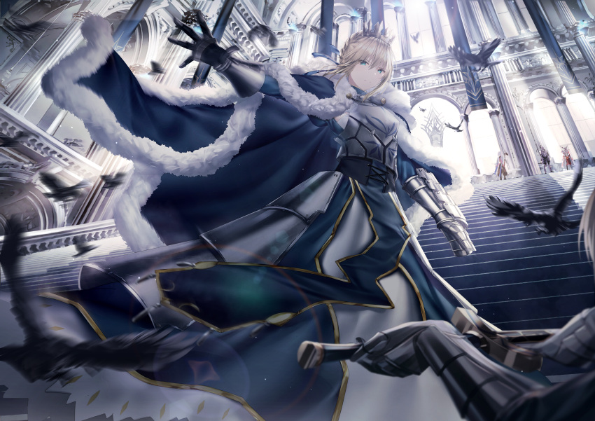 1girl absurdres animal armor armored_dress artoria_pendragon_(all) bangs bird blonde_hair blue_cloak blue_dress blue_eyes breastplate cloak commentary_request crown day dress excalibur eyebrows_visible_through_hair fate/stay_night fate_(series) fur-trimmed_cloak fur_trim gauntlets hair_between_eyes highres holding holding_sword holding_weapon huge_filesize indoors junpaku_karen long_sleeves looking_at_viewer motion_blur out_of_frame revision saber sidelocks solo_focus stairs sunlight sword weapon