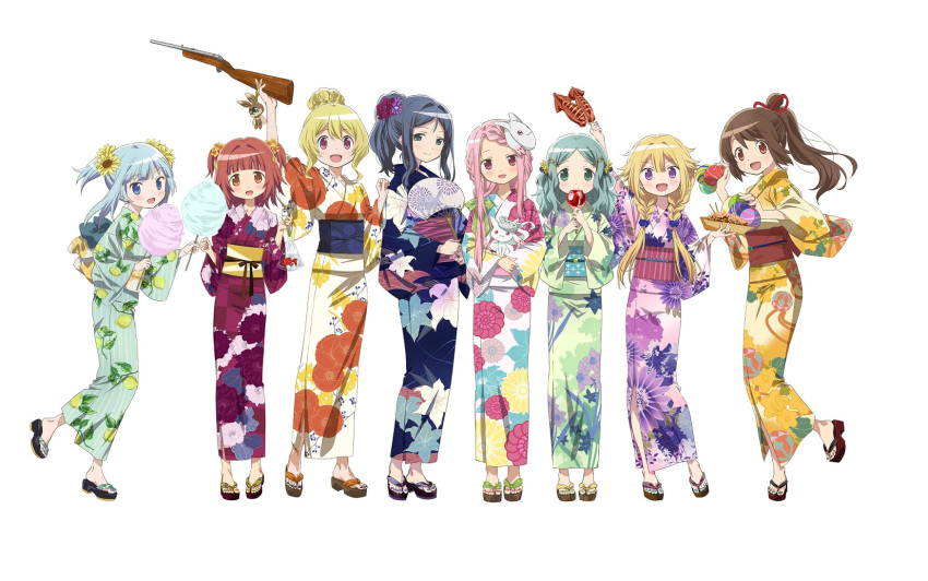 6+girls :d akino_kaede alternate_costume alternate_hair_ornament alternate_hairstyle animal artist_request bag bagged_fish bangs blonde_hair blue_eyes blue_hair blue_kimono blue_nails blue_scrunchie blunt_bangs blush braid brown_hair candy_apple character_mask charm_(object) checkered checkered_kimono closed_mouth commentary_request cotton_candy creature curly_hair dot_nose eyebrows_visible_through_hair fan fish flat_chest floating_hair floral_print flower food food_print full_body futaba_sana geta goldfish green_eyes green_hair green_kimono green_ribbon gun hair_between_eyes hair_bun hair_flower hair_ornament hair_ribbon hairclip half-closed_eyes happy head_tilt height_difference high_ponytail highres holding holding_bag holding_creature holding_food holding_gun holding_weapon ikayaki japanese_clothes jewelry kimono kyubey leg_up lemon_print light_smile long_hair magia_record:_mahou_shoujo_madoka_magica_gaiden mahou_shoujo_madoka_magica mask mask_on_head minami_rena mitsuki_felicia mouse_mask multiple_girls nanami_yachiyo official_art open_mouth orange_eyes orange_kimono orange_nails parted_bangs pink_eyes pink_hair pink_kimono pink_nails ponytail purple_flower purple_nails red_flower red_kimono red_ribbon redhead ribbon rifle ring scrunchie sharp_teeth shiny shiny_hair short_hair short_twintails side-by-side side_braid sidelocks simple_background smile spiky_hair standing standing_on_one_leg straight_hair striped striped_kimono sunflower takoyaki tamaki_iroha teeth toenails togame_momoko twin_braids twintails two_side_up violet_eyes weapon white_background white_kimono yellow_flower yui_tsuruno yukata