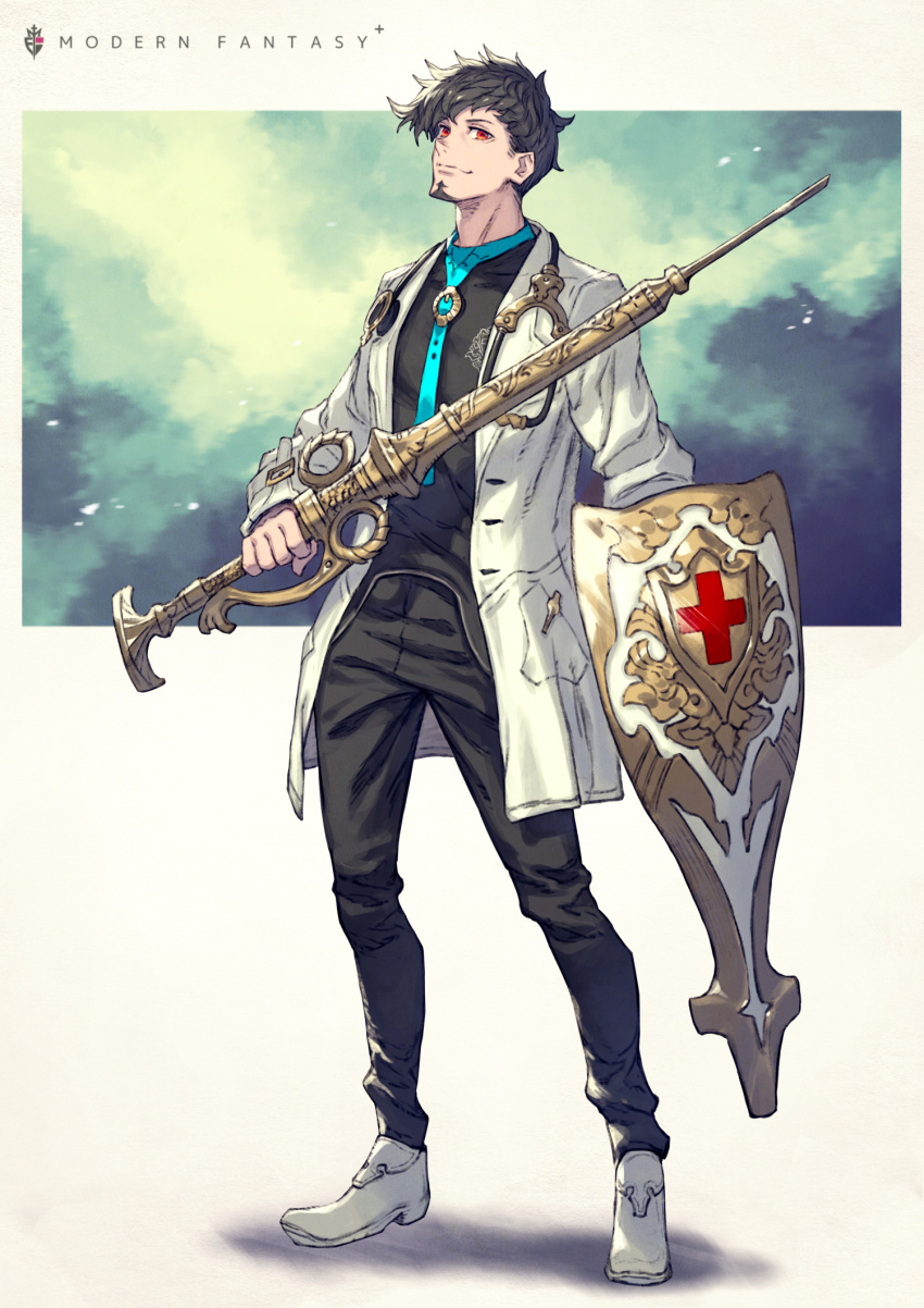 1boy bangs black_hair black_pants closed_mouth coat doctor english_text facial_hair full_body goatee head_tilt highres holding holding_syringe holding_weapon kusano_shinta labcoat large_syringe looking_at_viewer necktie open_clothes open_coat orange_eyes original oversized_object pants pen_in_pocket shield shoes simple_background smile solo standing stethoscope symbol syringe weapon