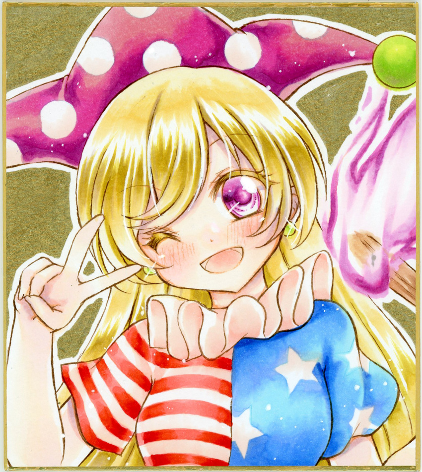 1girl american_flag american_flag_dress blonde_hair blush clownpiece commentary_request dress earrings eyebrows_visible_through_hair graphite_(medium) hair_between_eyes hat head_tilt highres jester_cap jewelry long_hair looking_at_viewer marker_(medium) neck_ruff nekofish666 one_eye_closed open_mouth portrait short_sleeves solo touhou traditional_media v violet_eyes