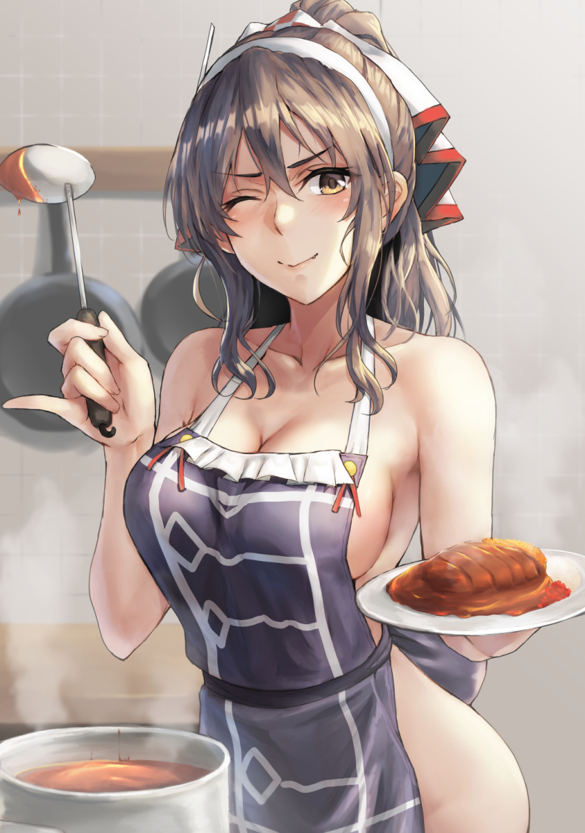 1girl adapted_costume ashigara_(kantai_collection) blush breasts brown_eyes brown_hair highres kantai_collection kokuzou large_breasts long_hair naked_apron one_eye_closed smile solo