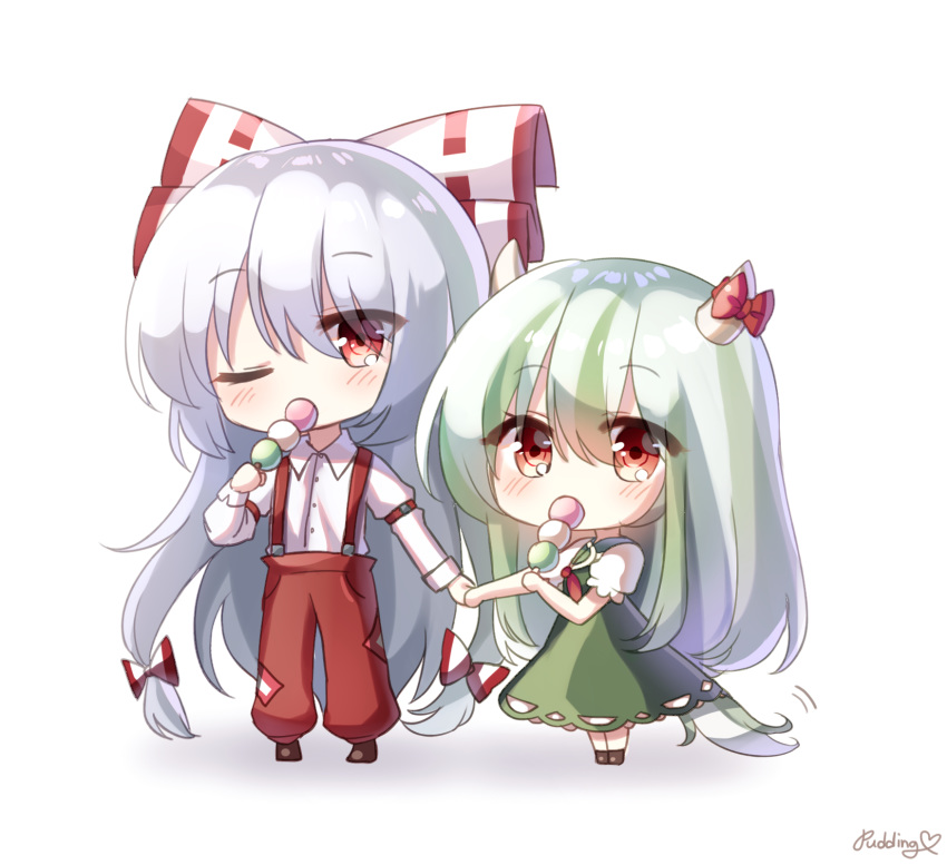 2girls arm_belt artist_name blush bow brown_footwear collared_shirt dango dress ex-keine eyebrows_visible_through_hair food fujiwara_no_mokou green_dress green_hair grey_hair hair_between_eyes hair_bow highres horn_bow horns kamishirasawa_keine long_hair long_sleeves looking_at_viewer multiple_girls ofuda_on_clothes one_eye_closed pants pudding_(skymint_028) red_bow red_neckwear red_pants shirt short_sleeves signature silver_hair simple_background suspenders touhou very_long_hair wagashi white_background white_shirt white_sleeves