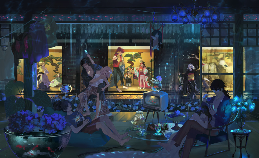 5girls 6+boys akechi_mitsuhide_(fate/grand_order) alcohol alternate_costume animal_print architecture arts_shirt bangs barefoot black_hair blonde_hair blunt_bangs bottle buster_shirt camisole chacha_(fate/grand_order) chandelier chibi clothesline commentary_request crazy_straw crossed_legs dog drinking_straw east_asian_architecture fan fate_(series) fishbowl flower folding_fan food full_body furisode glass glass_table glass_teapot glasses hat heart_straw highres hijikata_toshizou_(fate/grand_order) hime_cut holding holding_another holding_fan hug hydrangea japanese_clothes jinbei_(clothes) kimono layered_clothing layered_kimono leg_hair leopard_print lizard long_hair long_sleeves military_hat mori_nagayoshi_(fate) multicolored_hair multiple_boys multiple_girls nagao_kagetora_(fate) oda_nobukatsu_(fate/grand_order) oda_nobunaga_(fate)_(all) oda_nobunaga_(swimsuit_berserker)_(fate) oda_uri okada_izou_(dog) okada_izou_(fate) okita_souji_(fate) okita_souji_(fate)_(all) oryou_(fate) pants paper_fan parfait peaked_cap pink_hair plant ponytail popsicle potted_plant quick_shirt rain reading reclining redhead sakamoto_ryouma_(fate) sake sake_bottle seiza shirt short_hair silver_hair sitting sleeping sliding_doors standing straight_hair streaked_hair t-shirt table teapot television topknot toyotomi_hideyoshi_(koha-ace) very_long_hair warabi_tama wide_sleeves wrestling