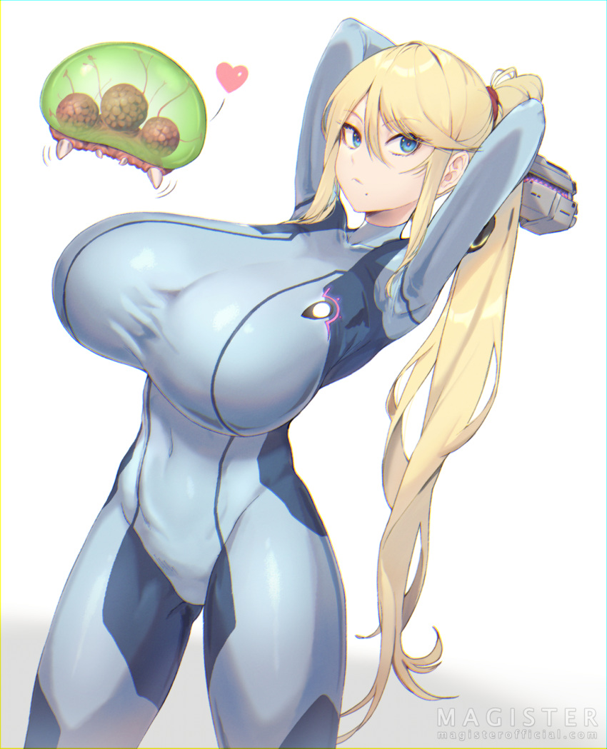 1girl alternate_breast_size arms_behind_head arms_up artist_name blonde_hair blue_bodysuit blue_eyes bodysuit breasts commentary_request covered_navel gun handgun heart highres huge_breasts long_hair magister_(medical_whiskey) metroid metroid_(creature) mole mole_under_mouth original ponytail samus_aran signature simple_background solo spoken_heart thighs very_long_hair weapon white_background zero_suit
