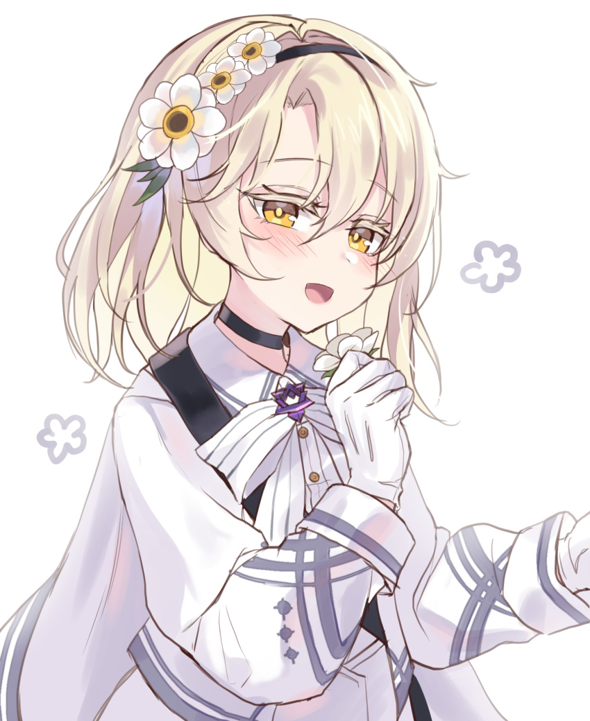 1girl bangs blonde_hair blush cape choker flower girls_frontline gloves hair_between_eyes hair_flower hair_ornament hairband hexagram highres holding jacket jingo looking_at_viewer solo star_of_david x95_(girls_frontline) yellow_eyes