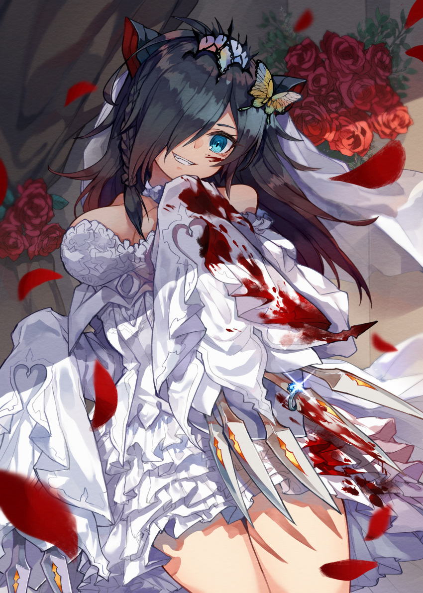 1girl absurdres animal_ears aqua_eyes blood blood_on_face bloody_clothes bouquet braid bug butterfly claw_(weapon) dragon_ears dress evil_grin evil_smile flower gradient_hair grin hair_over_one_eye highres insect jewelry kuuron_(moesann17) multicolored_hair puzzle_&amp;_dragons ring ringed_eyes roche_(p&amp;d) sleeves_past_fingers sleeves_past_wrists smile weapon wedding_dress wedding_ring