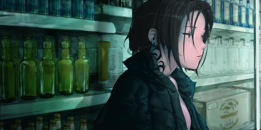 1girl absurdres black_hair black_jacket black_lagoon bob_cut bottle brown_eyes earrings highres jacket jewelry neck_tattoo puffer_jacket revy_(black_lagoon) samu_(7643109) shelf shop short_hair solo sweater tattoo teenage tomboy white_sweater younger