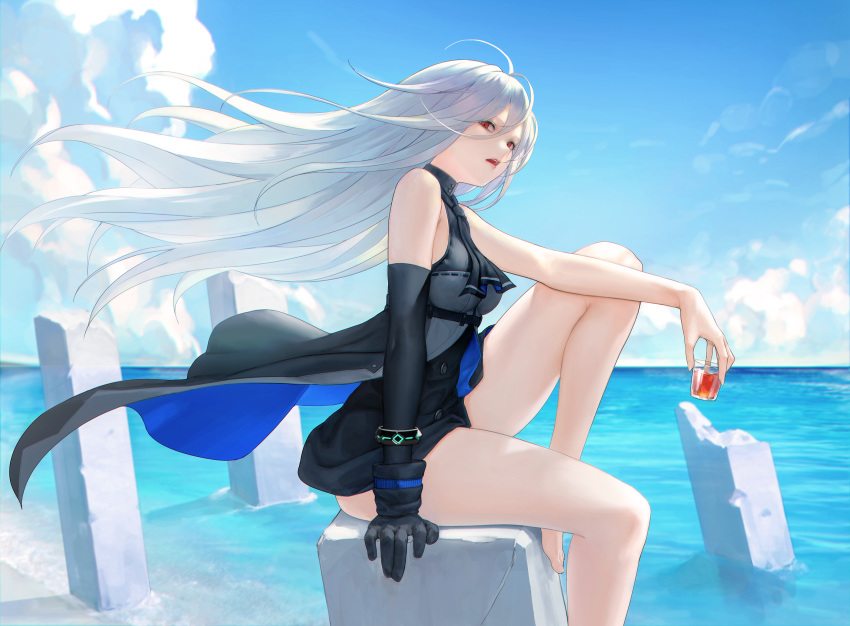 1girl alcohol arknights arm_rest arm_support bangs bare_arms bare_legs bare_shoulders barefoot beach black_dress black_gloves black_neckwear blue_sky bracelet breasts clouds crack cravat cup day dress drinking_glass egk513 feet_out_of_frame floating_hair from_side gloves hair_between_eyes highres holding holding_cup horizon jewelry long_hair looking_at_viewer ocean outdoors outstretched_arm parted_lips pillar red_eyes ribbon_trim shore short_dress silver_hair single_glove sitting skadi_(arknights) sky sleeveless sleeveless_dress solo two-sided_fabric very_long_hair white_hair wind wine