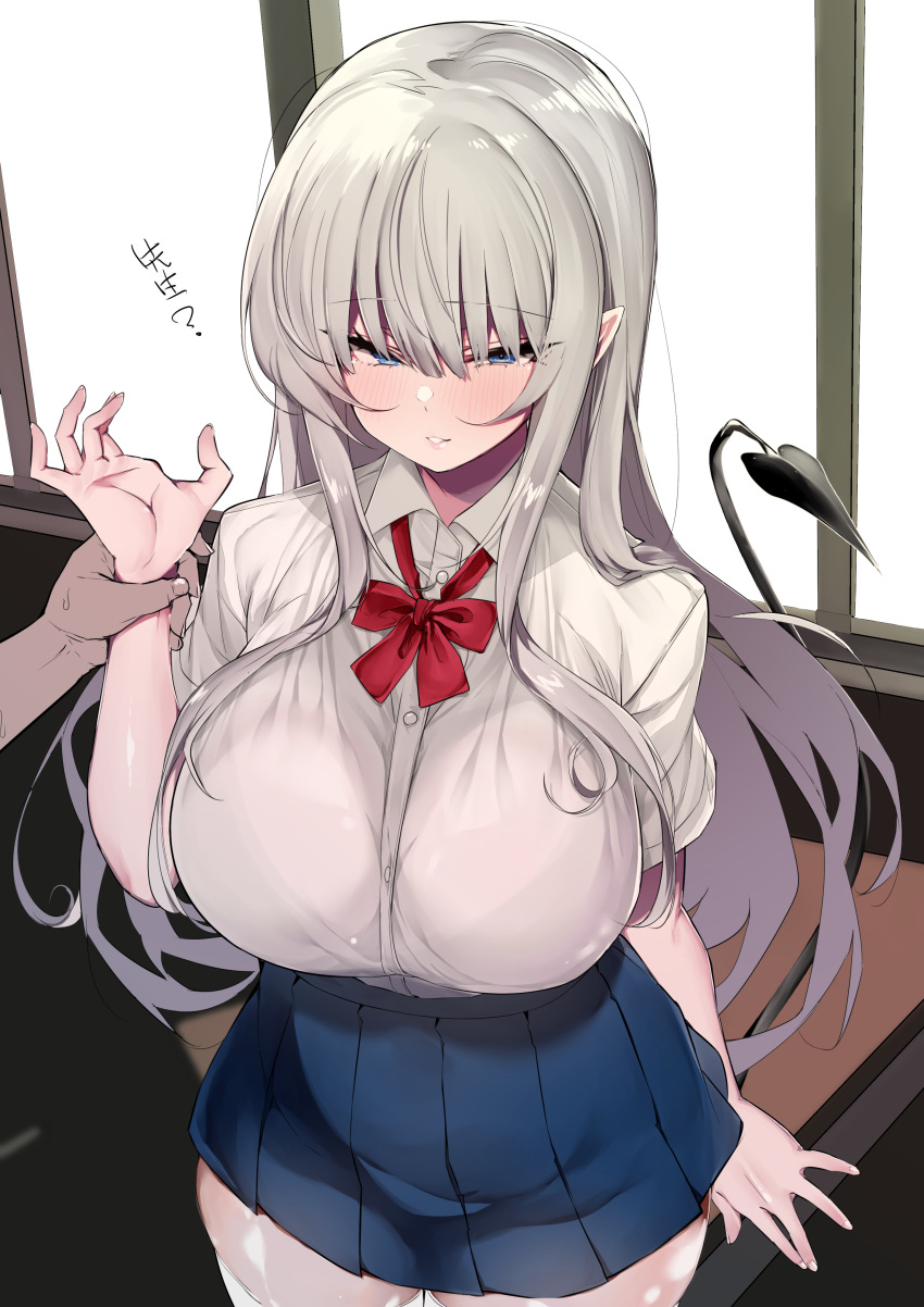 1girl absurdres blue_eyes blush bra_through_clothes breasts highres large_breasts long_hair mitsudoue original school_uniform short_sleeves silver_hair tail translation_request