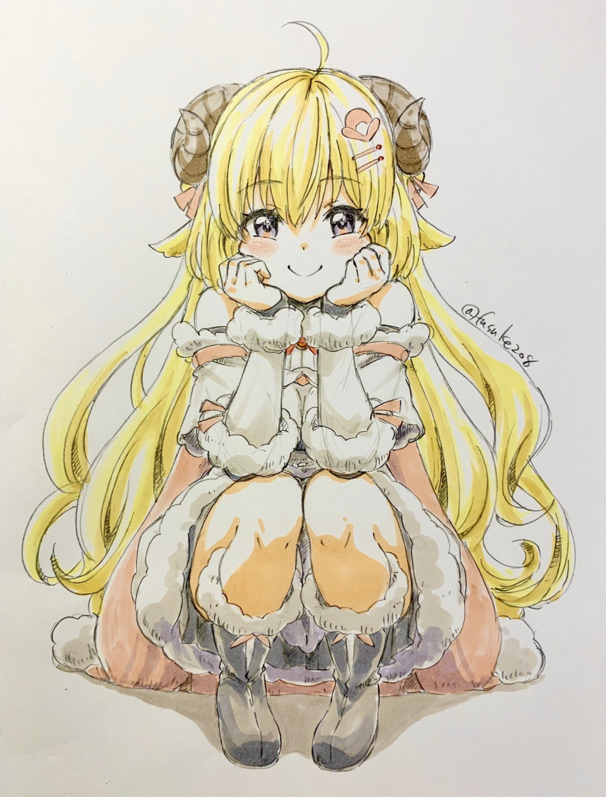1girl ahoge animal_ears black_footwear blonde_hair blush blush_stickers boots breasts cape closed_mouth commentary detached_sleeves dress eyebrows_visible_through_hair eyelashes full_body fur-trimmed_boots fur-trimmed_dress fur-trimmed_sleeves fur_trim fuusuke_(fusuke208) hair_between_eyes hair_ornament hairclip hands_on_own_cheeks hands_on_own_face highres hololive horns long_hair looking_at_viewer medium_breasts photo sheep_ears sheep_horns simple_background smile solo squatting traditional_media tsunomaki_watame twitter_username violet_eyes virtual_youtuber white_background white_dress wool