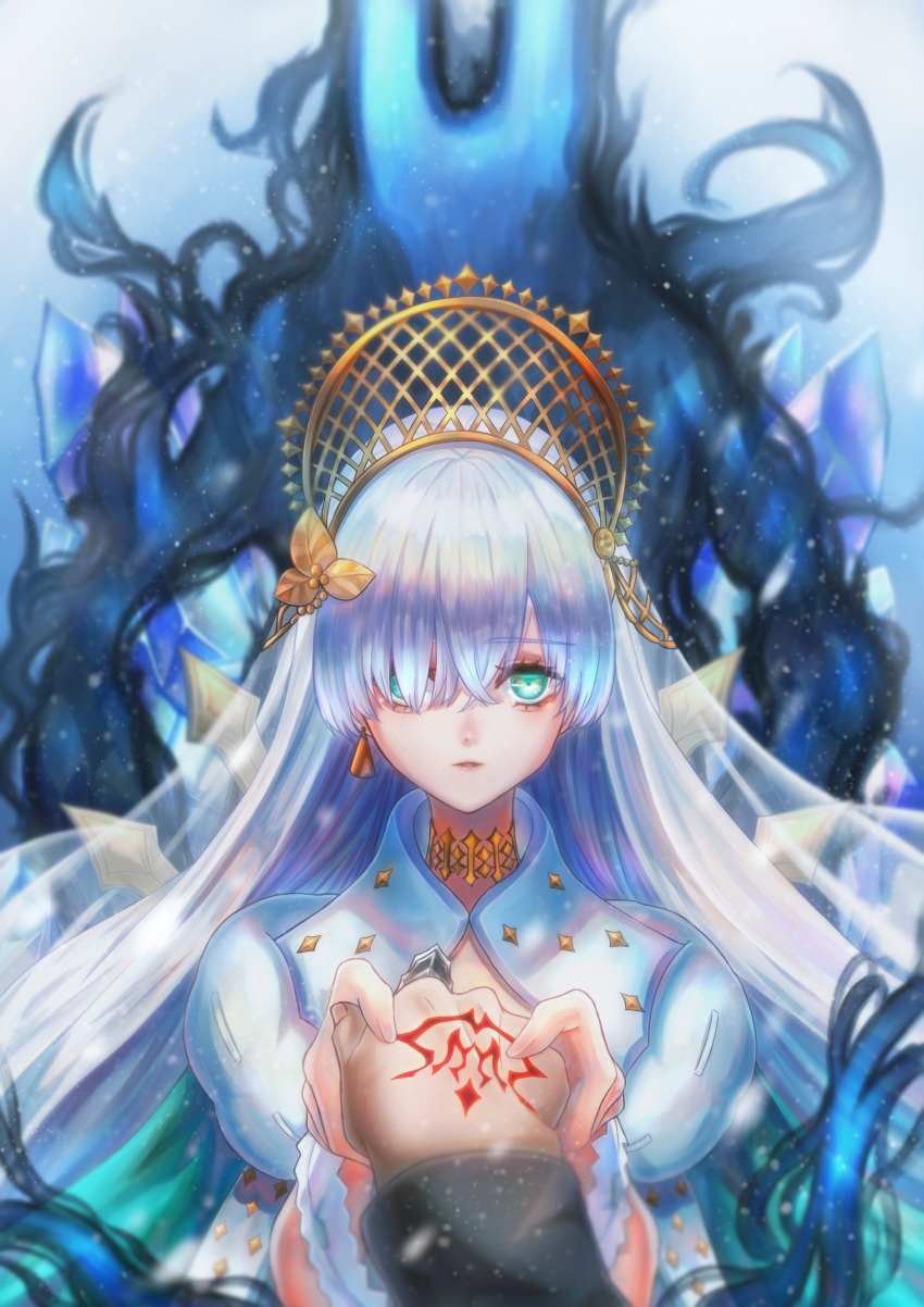 absurdres anastasia_(fate/grand_order) daffylove-0624 dress fate/grand_order fate_(series) green_eyes hair_ornament highres holding_hands long_hair looking_at_viewer veil white_dress white_hair
