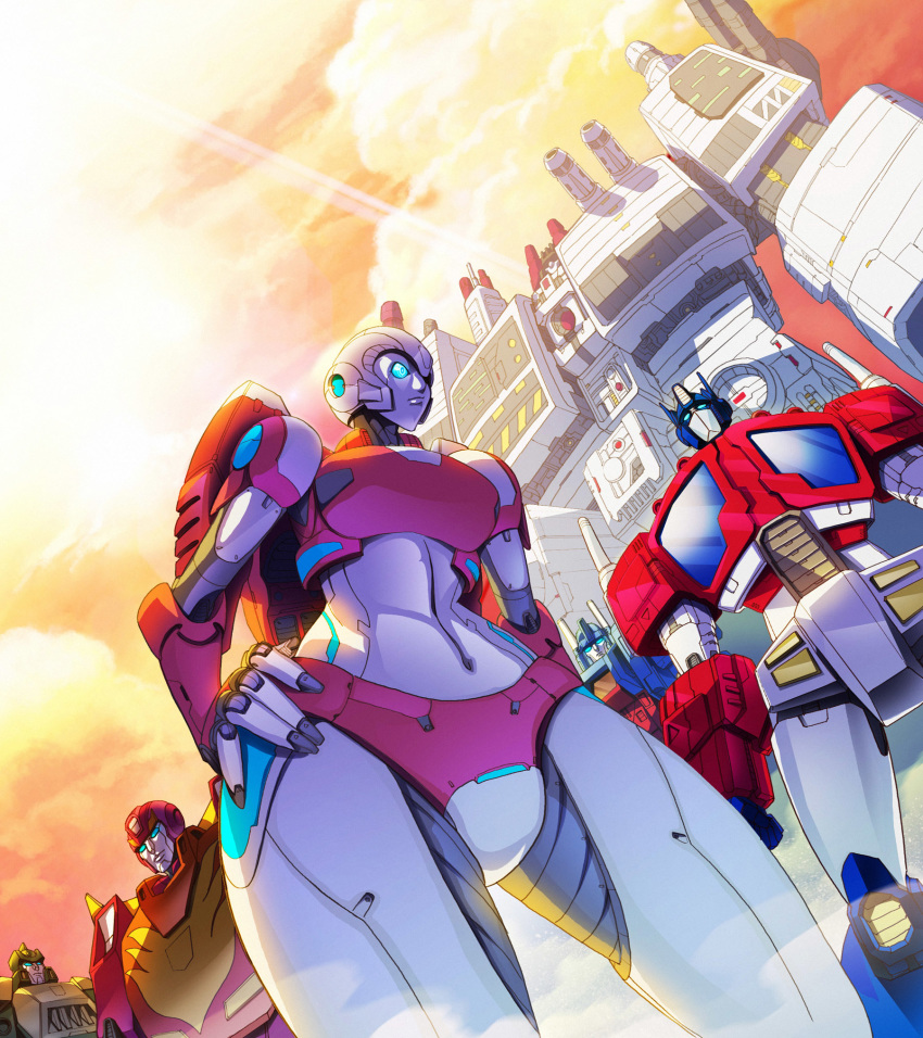 arcee autobot blue_eyes from_below hand_on_hip highres hot_rod looking_at_viewer looking_down looking_to_the_side looking_up mecha metroplex navel no_humans optimus_prime springer transformers ultra_magnus zhuyukun2003