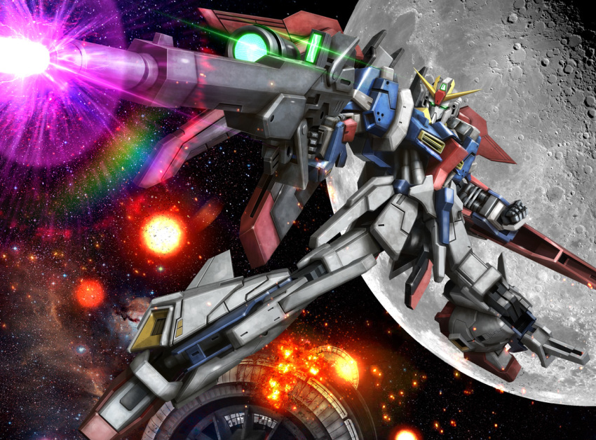 beam_rifle clenched_hand energy_gun explosion firing green_eyes gun gundam gundam_build_fighters gundam_build_fighters_try hiropon_(tasogare_no_puu) holding holding_gun holding_weapon lightning_zeta_gundam looking_to_the_side mecha mechanical_wings no_humans photo_background solo space weapon wings