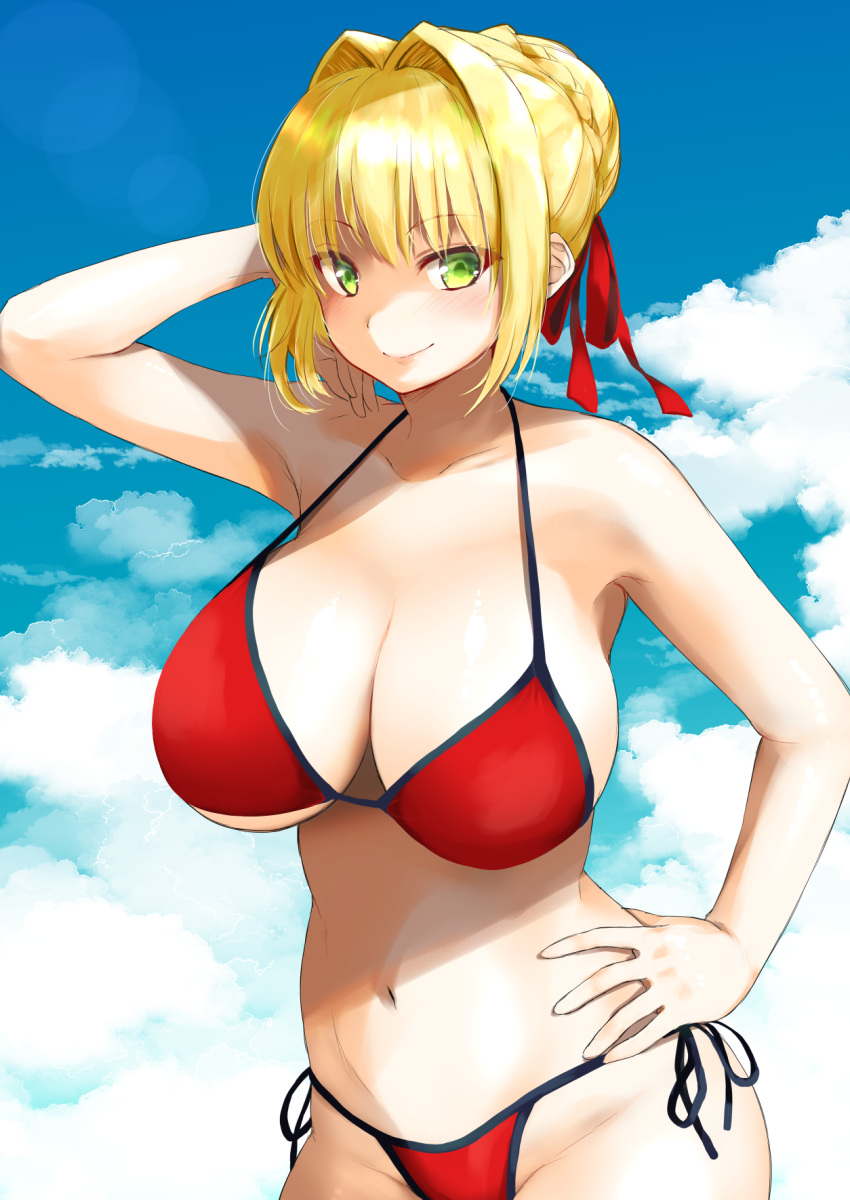 1girl arm_behind_head bikini blonde_hair breasts fate_(series) green_eyes hair_bun hair_intakes hand_on_hip headband highres large_breasts nero_claudius_(fate) nero_claudius_(fate)_(all) pose red_bikini red_headband side-tie_bikini sky solo standing swimsuit yue_(show-ei)