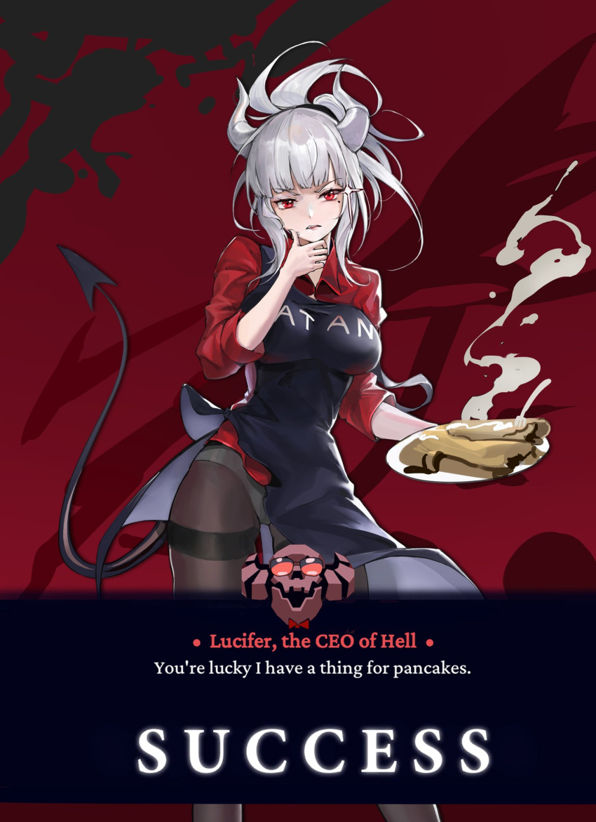 1girl apron bangs black_apron black_tail blunt_bangs breasts brown_legwear chocolate copyright_name demon_girl demon_horns demon_tail english_text food food_on_face glorious_success guernical helltaker highres horns large_breasts legs long_legs lucifer_(helltaker) mole mole_under_mouth no_pants pancake panties panties_under_pantyhose pantyhose pantyshot red_background red_eyes red_shirt shirt side_slit silver_hair skeleton_(helltaker) sleeves_pushed_up solo subtitled tail thighband_pantyhose underwear white_horns