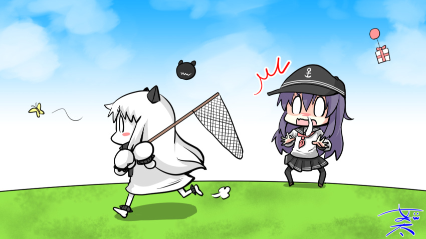 2girls akatsuki_(kantai_collection) artist_name box bug butterfly butterfly_net clouds doubutsu_no_mori gift gift_box hand_net hat holding holding_butterfly_net horns insect kantai_collection lawn multiple_girls northern_ocean_hime nyonyonba_tarou open_mouth sailor_hat school_uniform sky