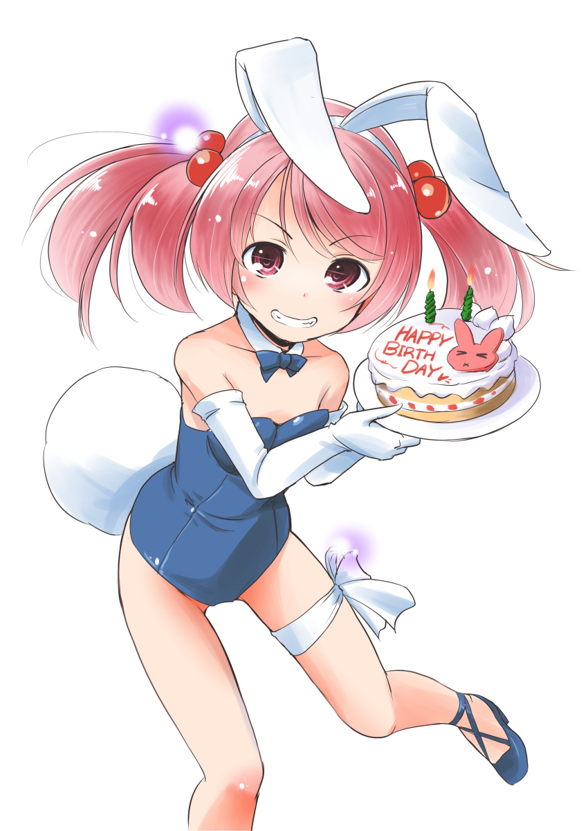 1girl absurdres animal_ears bare_legs birthday_cake blue_footwear blue_leotard bow bowtie breasts bunny_tail bunnysuit cake commentary_request detached_collar elbow_gloves feet_out_of_frame food gloves grin happy_birthday high_heels highres kantai_collection leaning_forward leotard looking_at_viewer pink_hair rabbit_ears red_eyes sazanami_(kantai_collection) short_hair simple_background small_breasts smile solo strapless strapless_leotard tail taisinkoku twintails white_background white_gloves